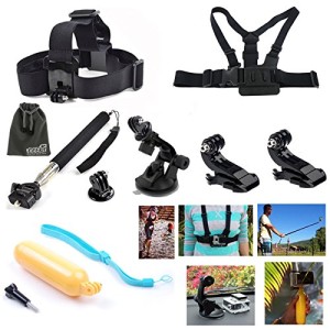 EEEKit 8-in-1 Accessories Kit for Gopro HD Hero 3+/3/2/1 Camera, Head Belt Strap Mount+ Chest Belt Strap Mount+ Extendable Handle Monopod + Car Suction Cup Mount Holder + Floating Handle Grip + 2 PCS Tripod Mount Adapter+2 PCS Gopro Surface J-Hook+EEEKit Pouch