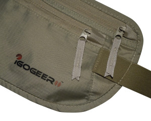 igogeer.com deluxe money belt with RFID blocking - khaki - zipper and logo detail