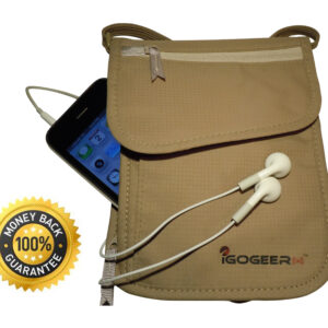 Igogeer.com - deluxe neck wallet with rfid blocking - front with iphone