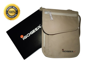 Igogeer.com - deluxe neck wallet with rfid blocking - front with gift box